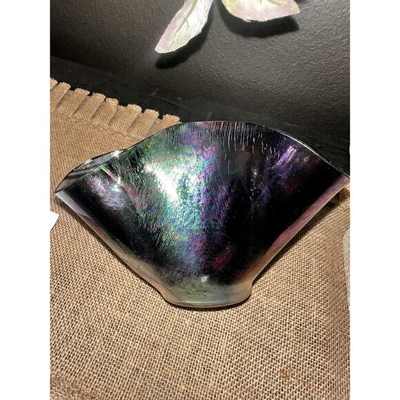 Vintage HAND BLOWN ART GLASS IRIDESCENT HANDKERCHIEF CANDLE HOLDER Vase EUC - Picture 11 of 16